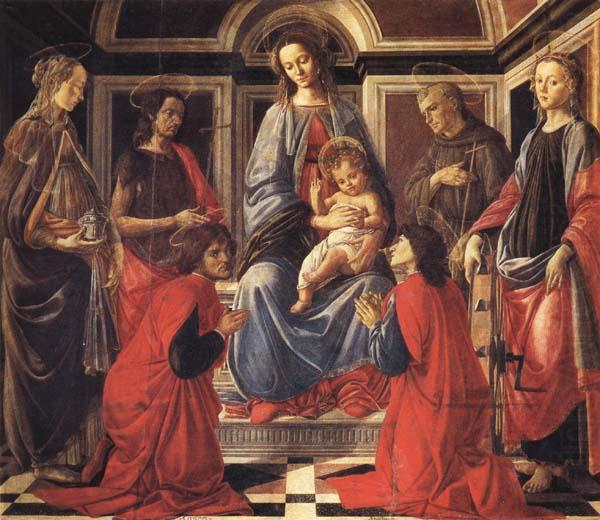 The Madonna and Child Enthroned,with SS.Mary Magdalen,Catherine of Alexandria,John the Baptist,Francis,and Cosmas and Damian, Sandro Botticelli